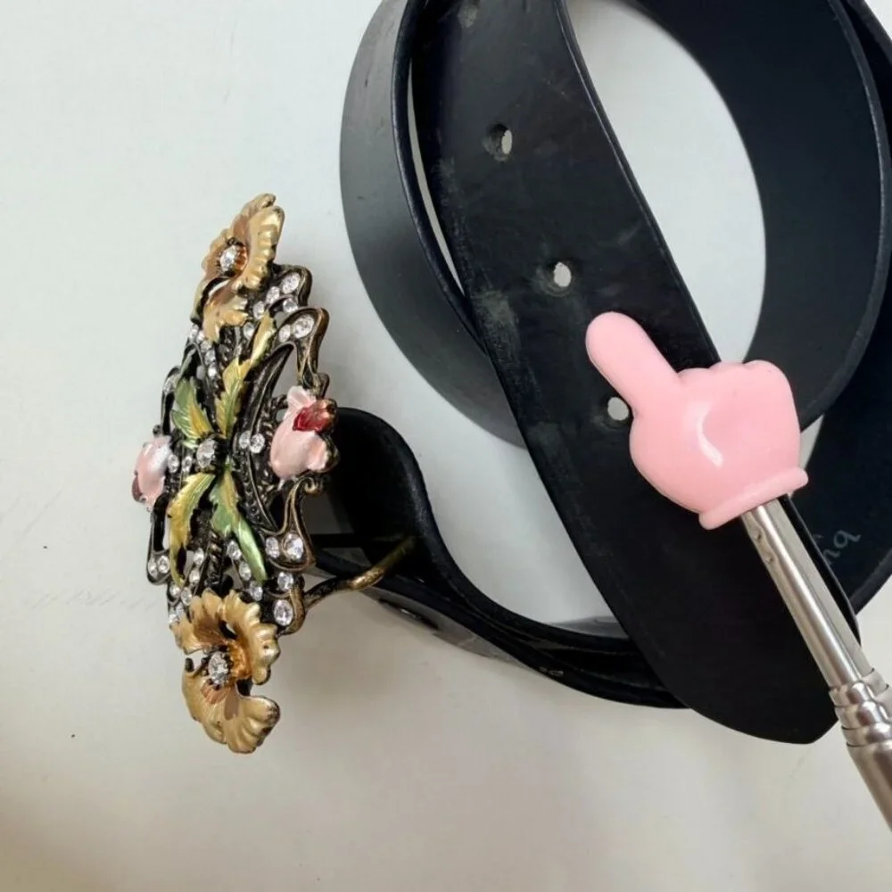 Vintage Style Floral Butterfly Rhinestone Leather Belt - Black/Gold